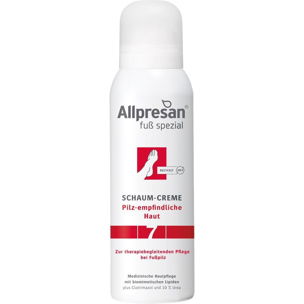 Eine wei&szlig;e Spraydose mit Allpresan Fu&szlig;creme f&uuml;r pilzempfindliche Haut.
