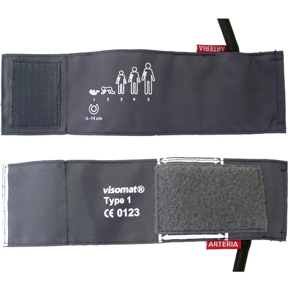 Schwarze Blutdruckmanschette mit Piktogrammen und Klettverschluss.