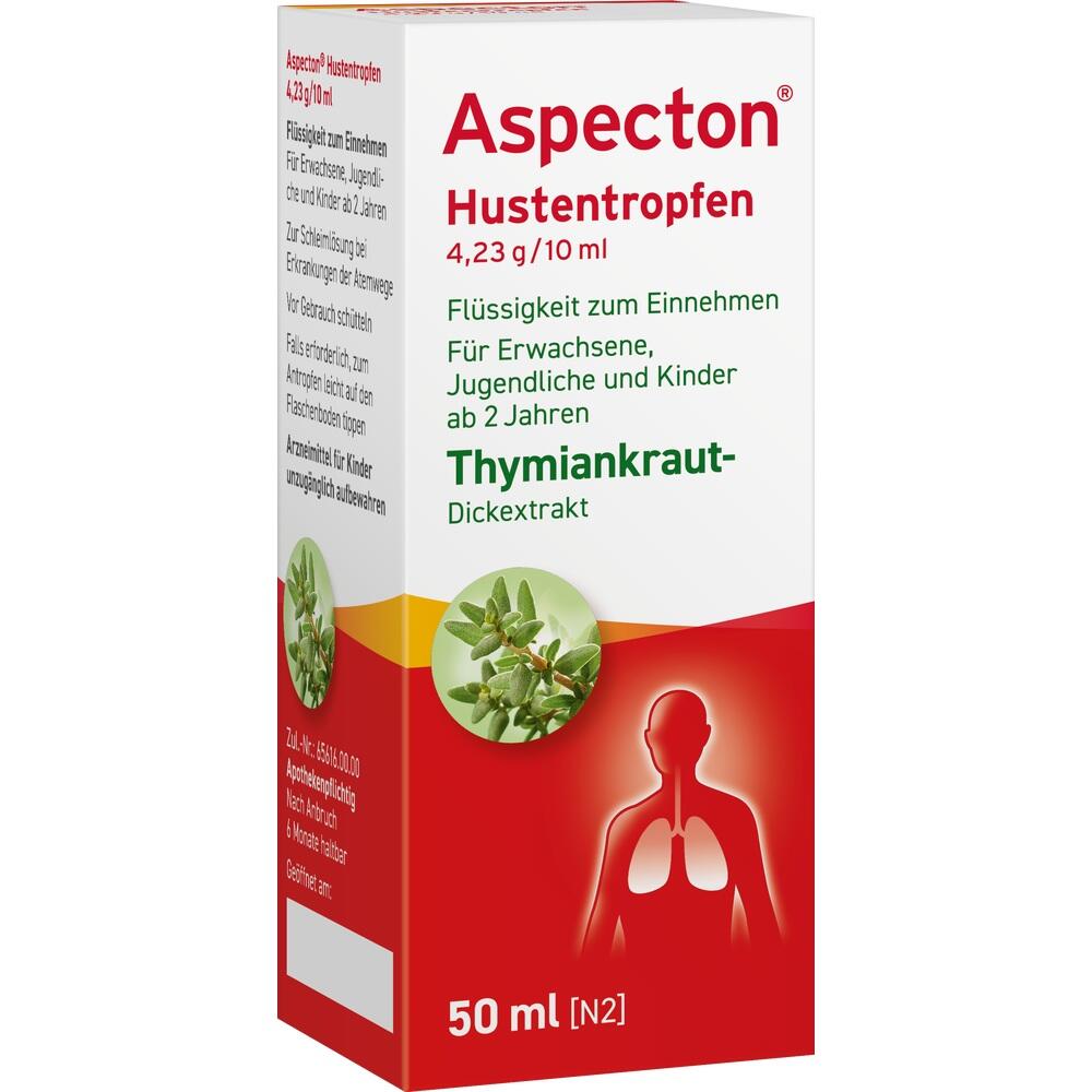 Eine Packung Aspecton Hustentropfen mit pflanzlichem Thymianextrakt.