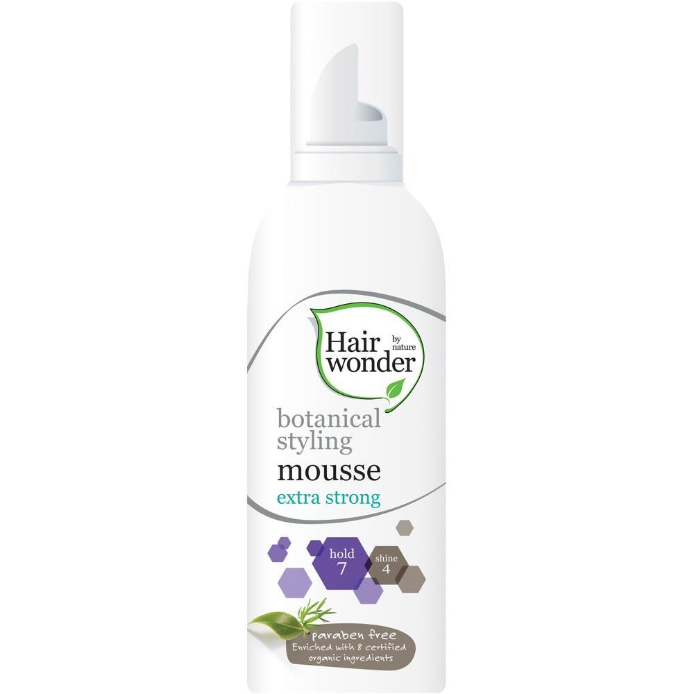 Eine weiße Flasche Haarmousse mit dem Text "botanical styling mousse extra strong".