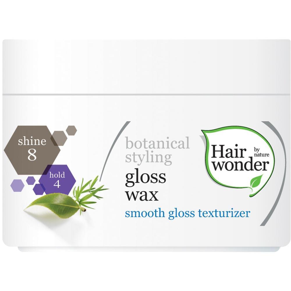 Weiße Dose mit Haargel, Aufschrift: "Hair wonder botanical styling gloss wax".