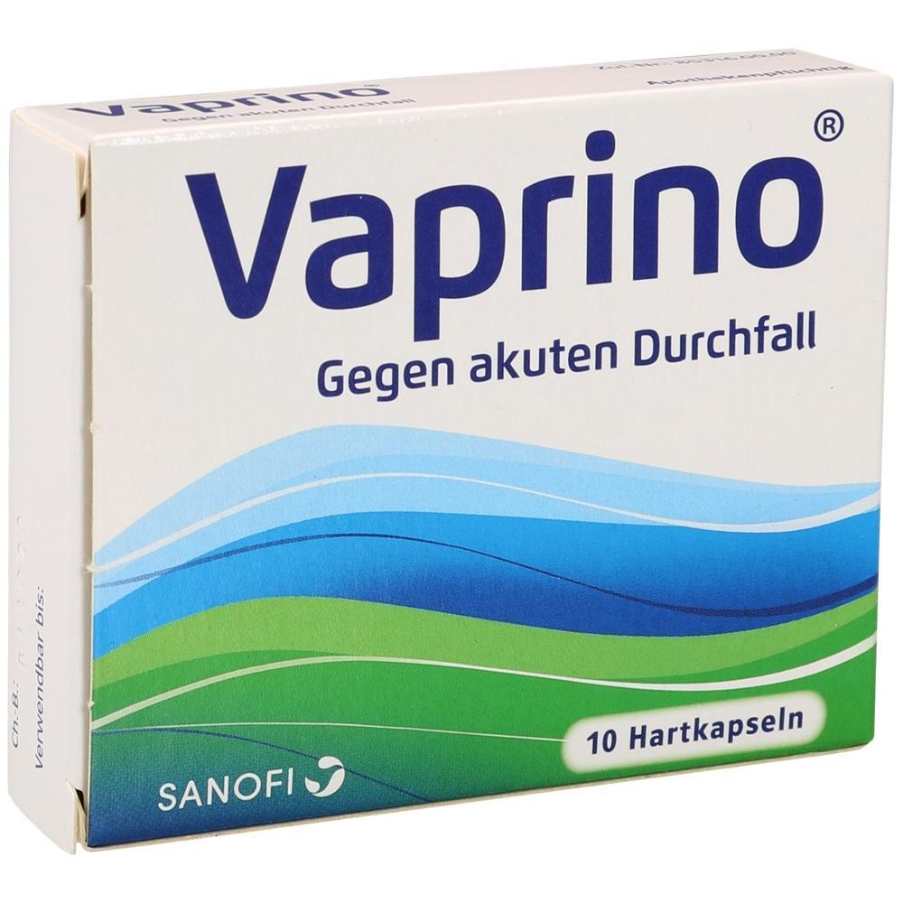 Verpackung von Vaprino, einem Medikament gegen akuten Durchfall, mit 10 Hartkapseln.