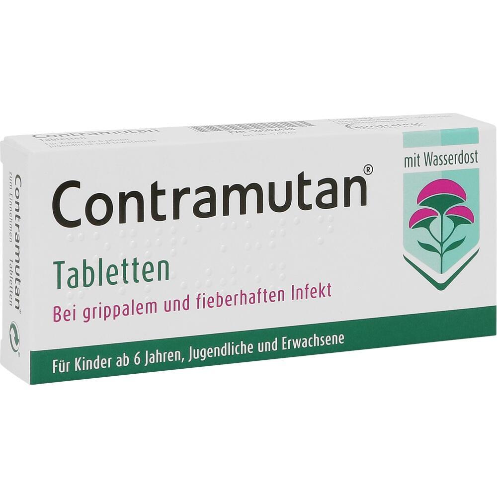 Eine Packung Contramutan Tabletten zur Behandlung von Erkältung und Fieber.