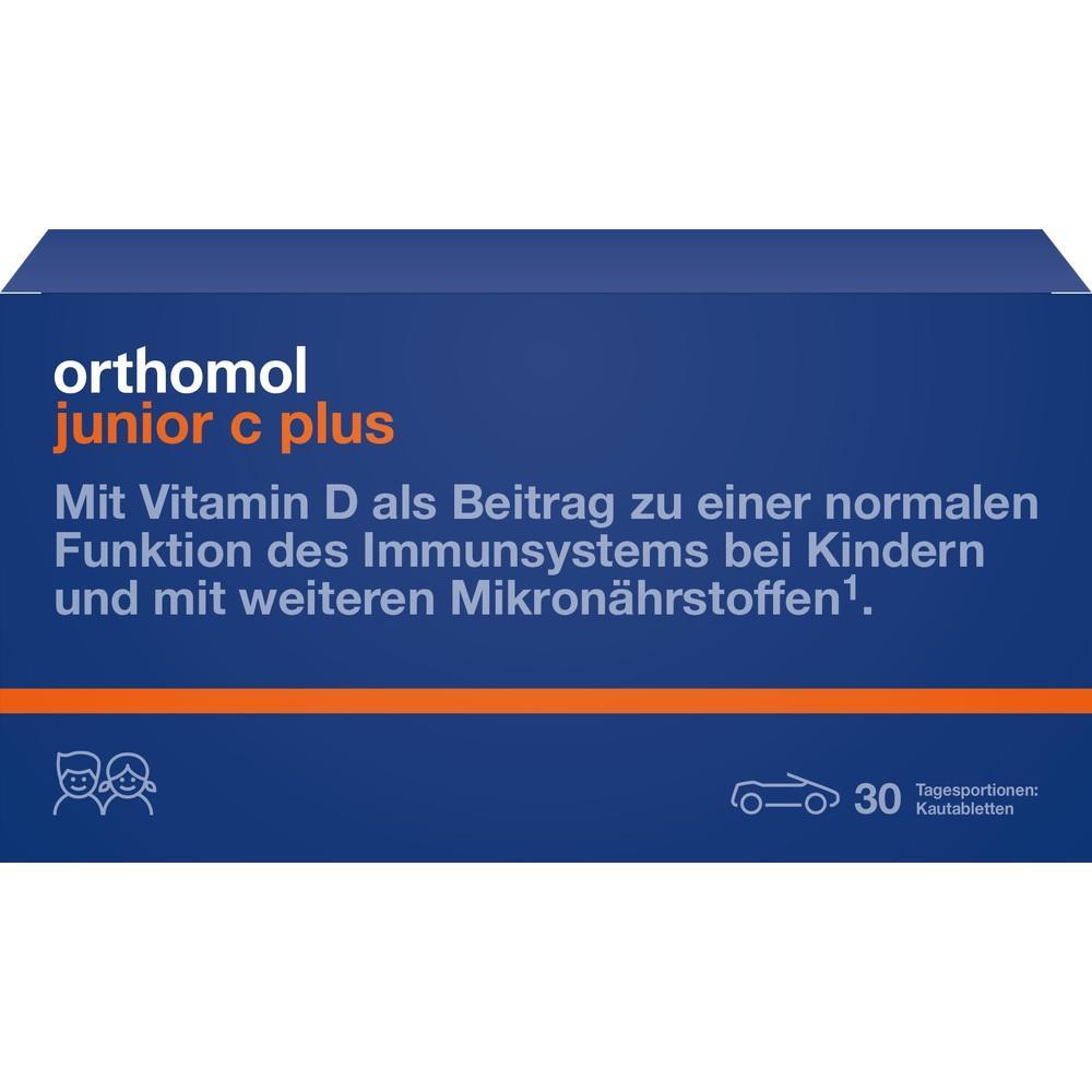Packung von orthomol junior c plus mit Vitamin D f&uuml;r das Immunsystem von Kindern.