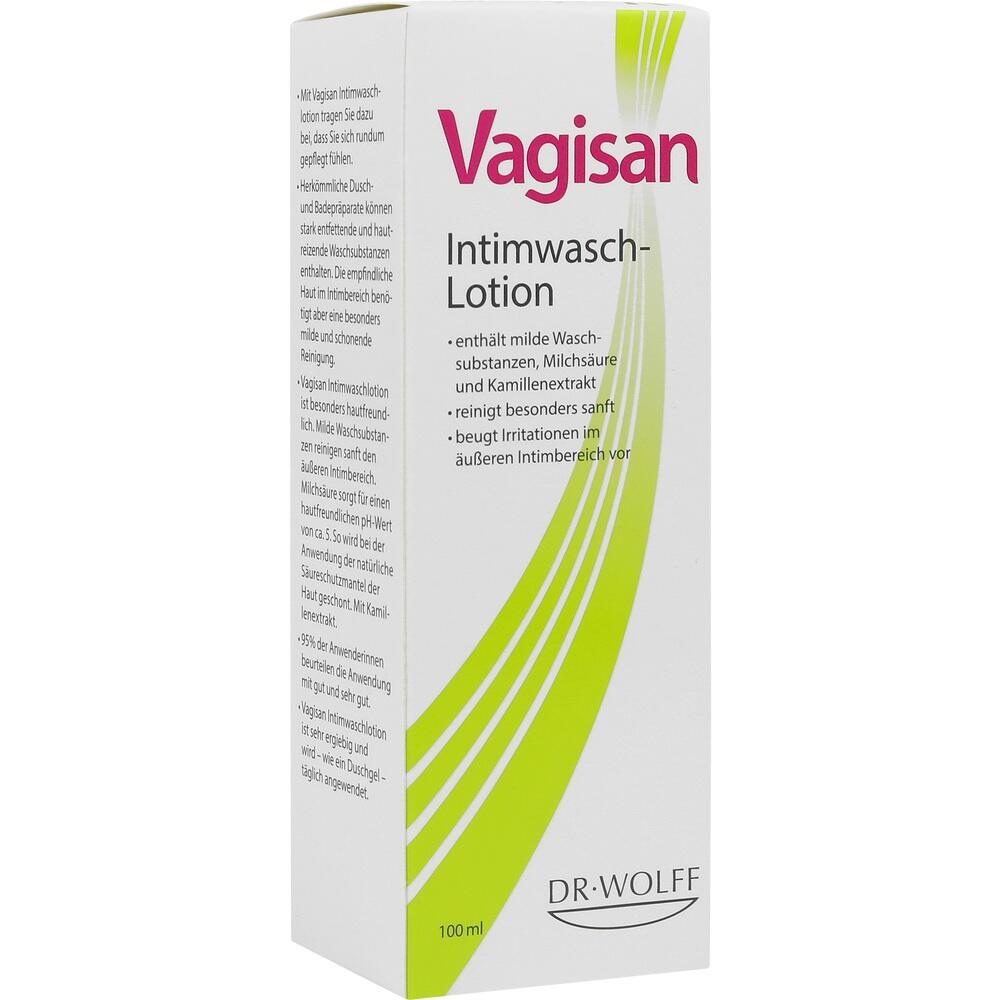 Verpackung einer Intimwaschlotion von Vagisan mit gr&uuml;nen und pinken Details.