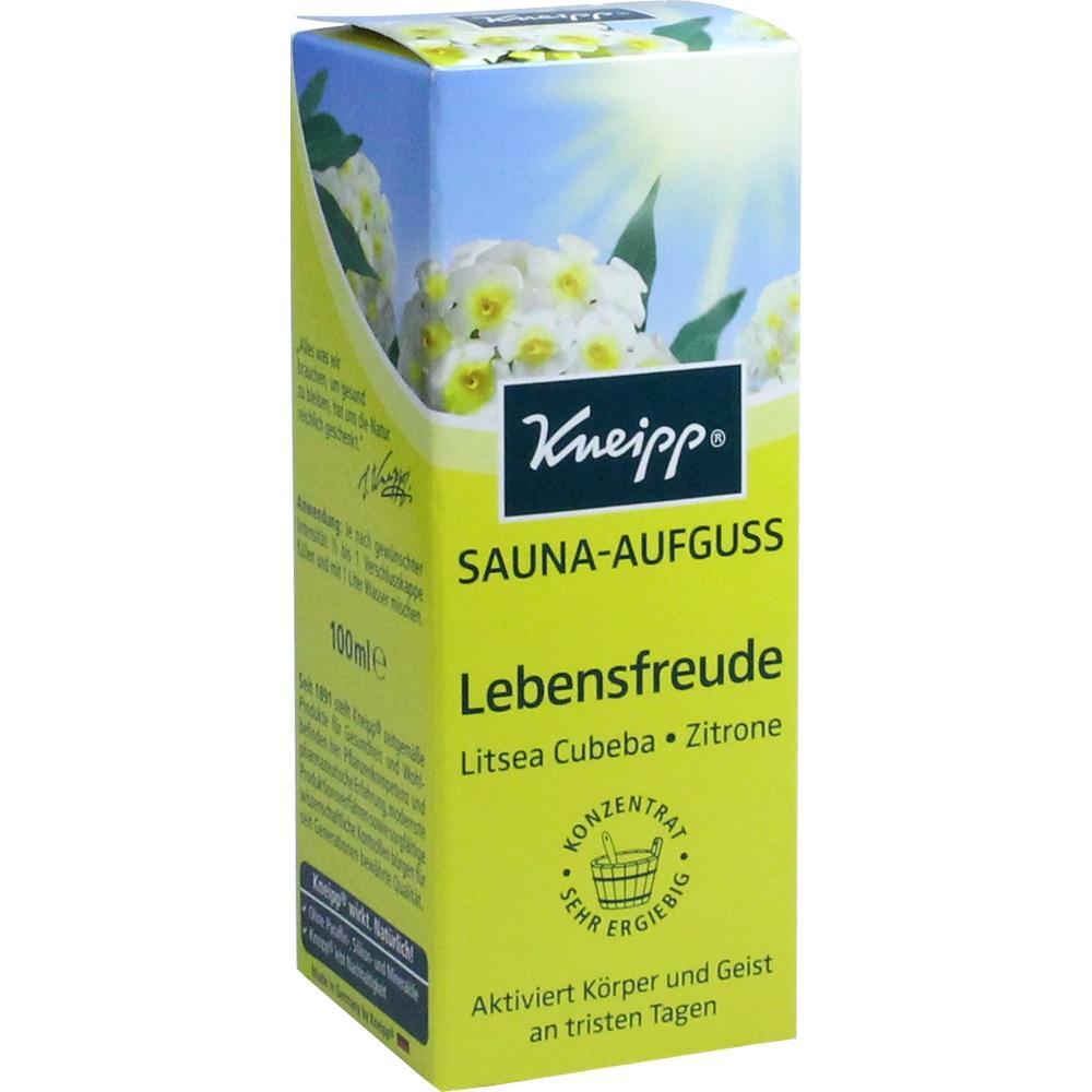 Gelbe Verpackung eines Sauna-Aufgusses mit Zitronendruck und dem Namen "Lebensfreude".