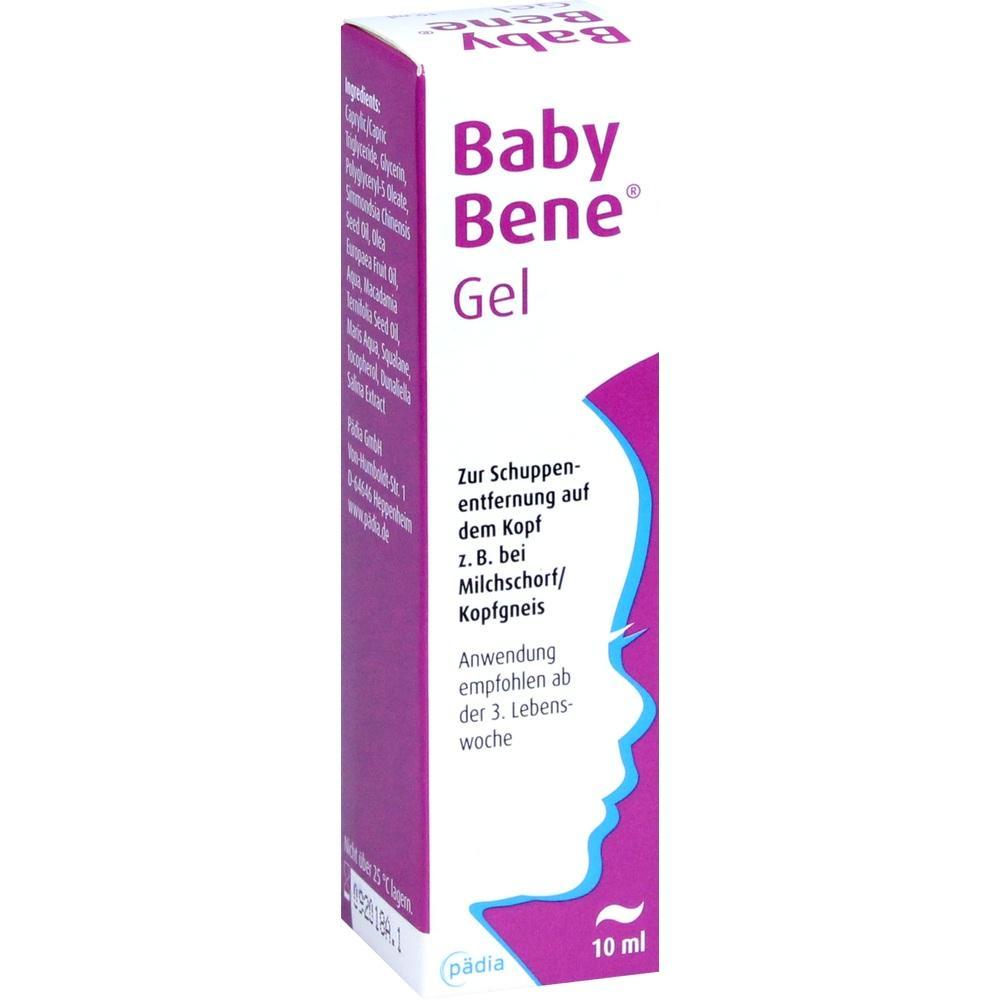 Wei&szlig;e Schachtel mit der Aufschrift "Baby Bene Gel" zur Kopfhautpflege bei Babys.