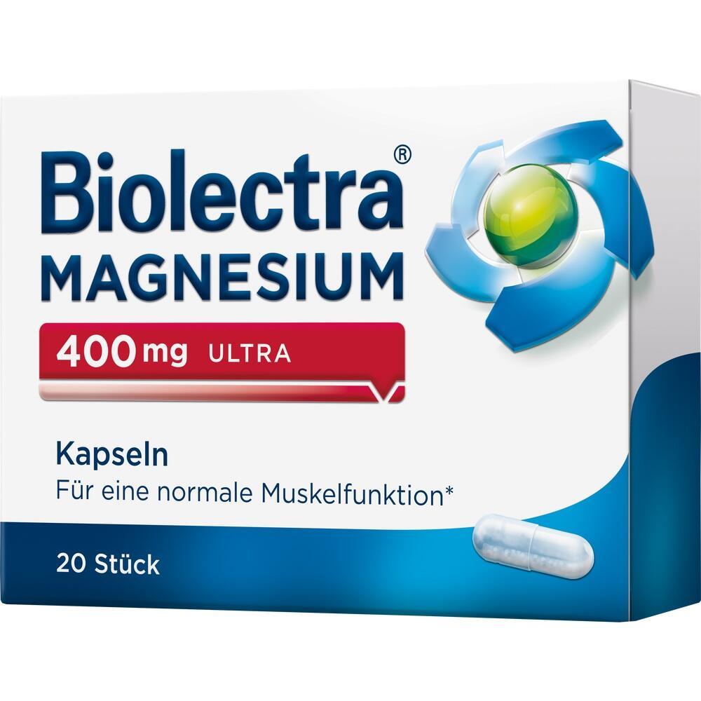 Verpackung von Biolectra Magnesium 400 mg Kapseln für Muskelfunktion, 20 Stück.