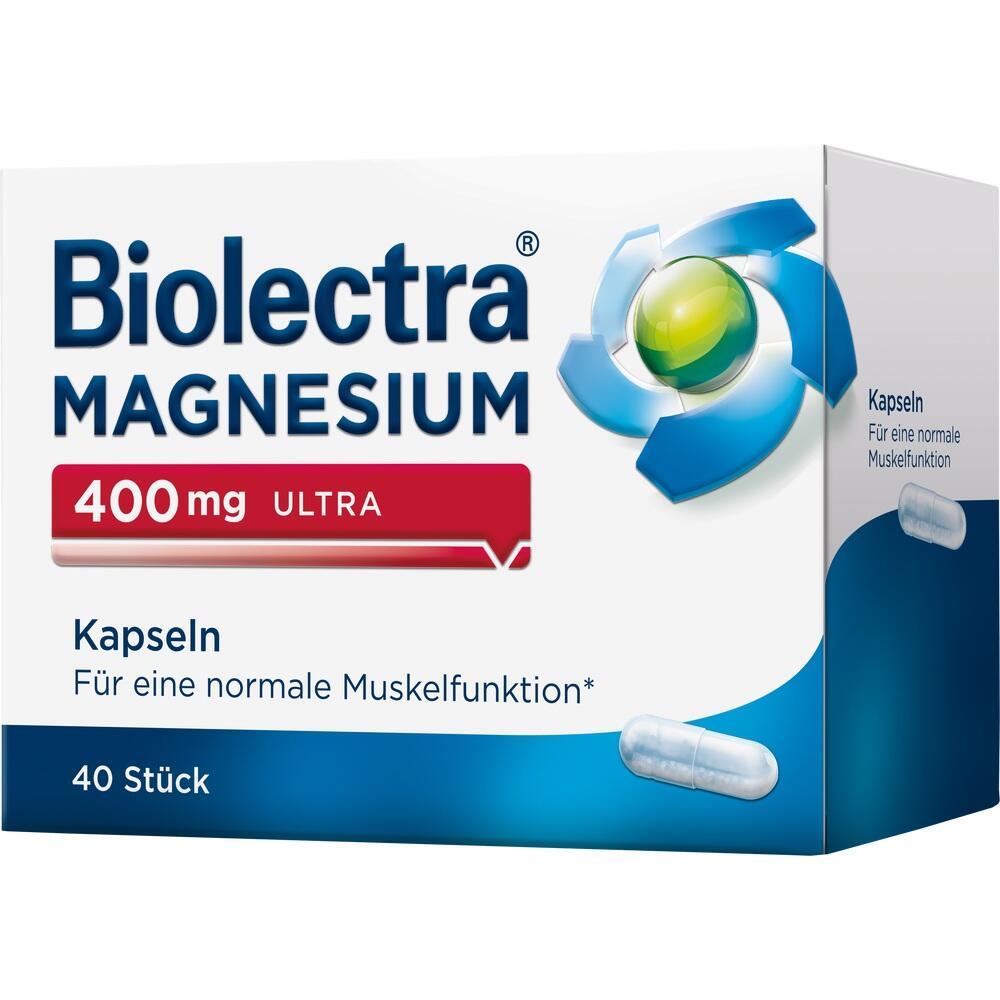 Weiße Packung Biolectra Magnesium 400 mg mit 40 Kapseln für Muskelunterstützung.