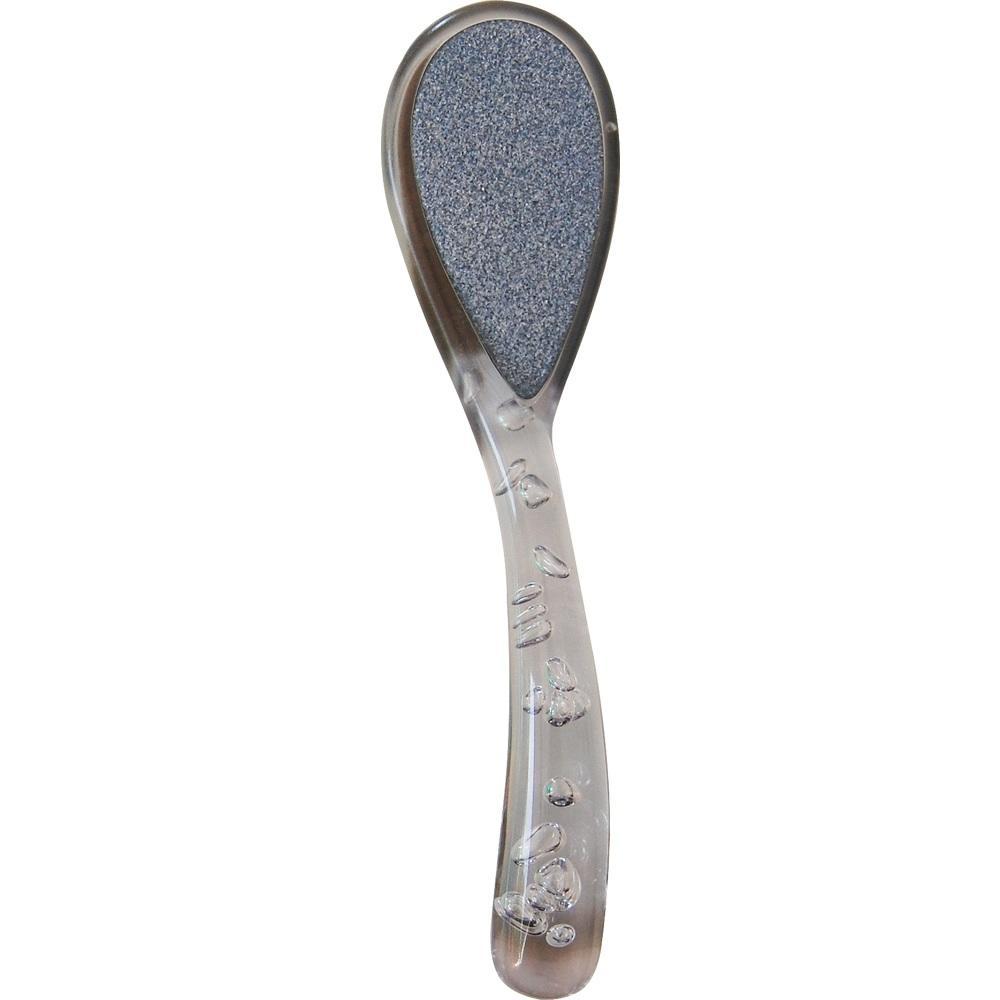 Dieser Gegenstand ist eine Fußfeile mit einem transparenten Griff.