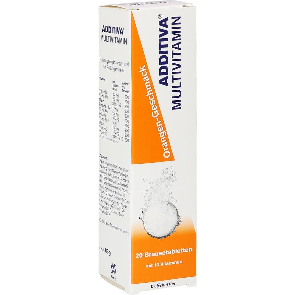 Packung mit Multivitamin-Brausetabletten im Orangen-Geschmack.