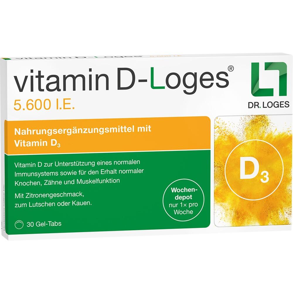 Die Packung zeigt ein Nahrungserg&auml;nzungsmittel mit Vitamin D3 von Dr. Loges.