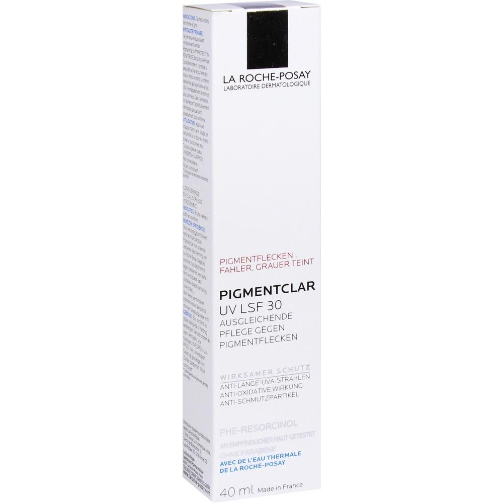 Weiße Verpackung einer Hautcreme mit der Aufschrift "Pigmentclar UV LSF 30".
