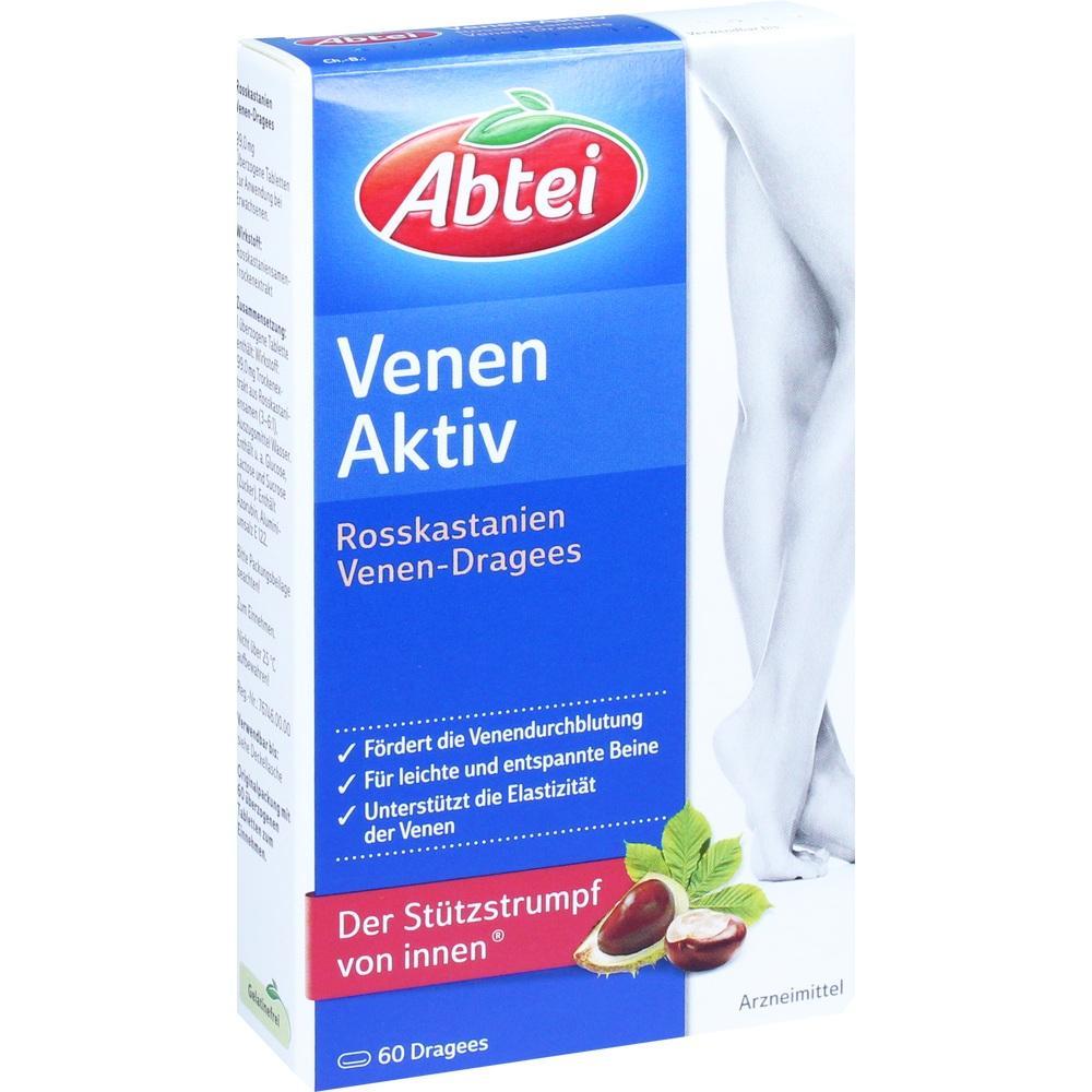 Eine blaue Packung Abtei Venen Aktiv mit Beinabbildung und Kastanien.