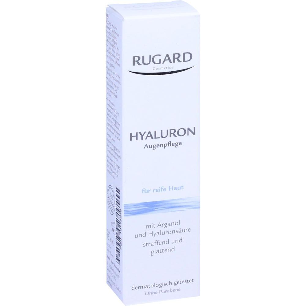 Weiße Schachtel mit Hyaluron-Augenpflege für reife Haut von Rugard Cosmetics.