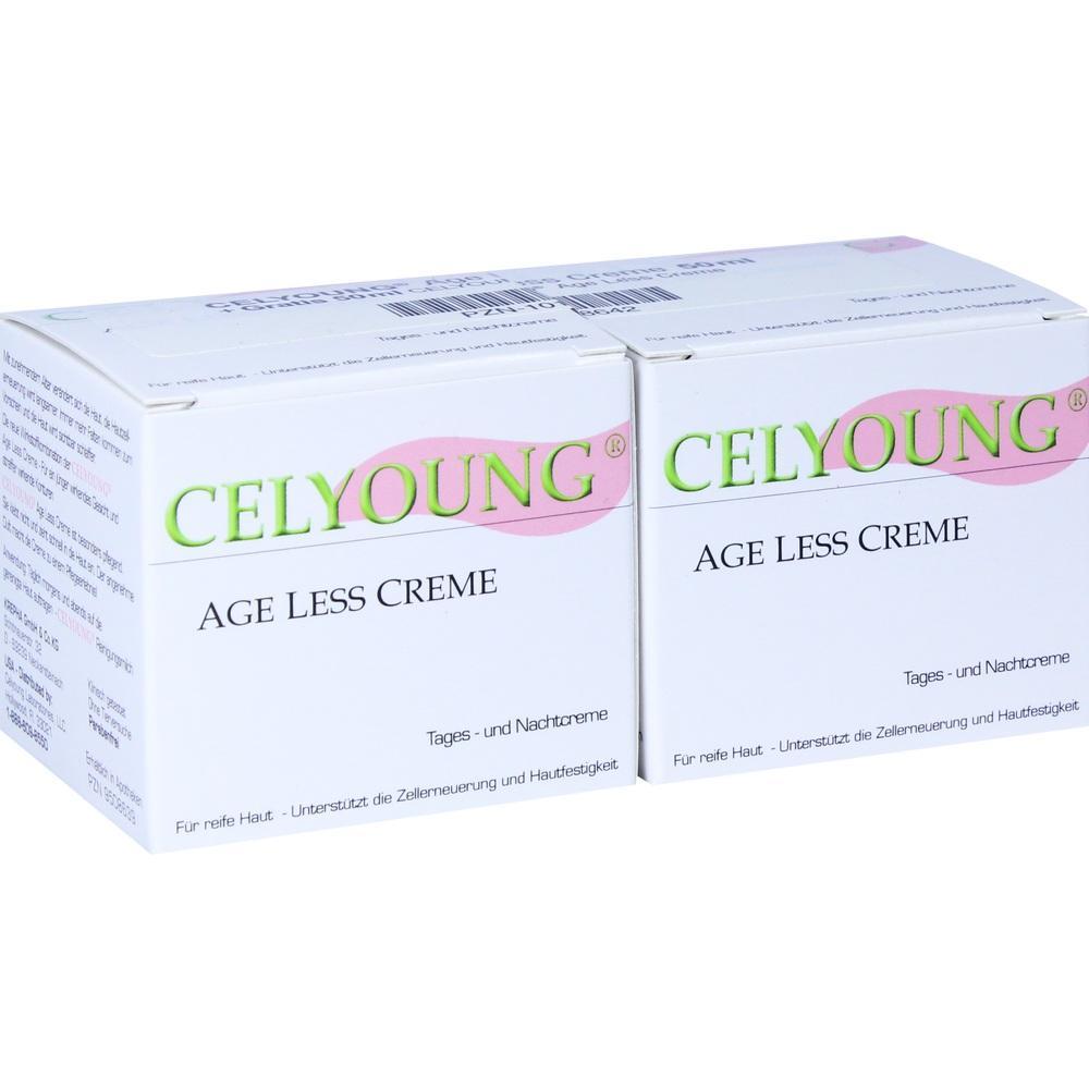 Zwei wei&szlig;e Schachteln mit "Celyoung Age Less Creme" stehen nebeneinander.