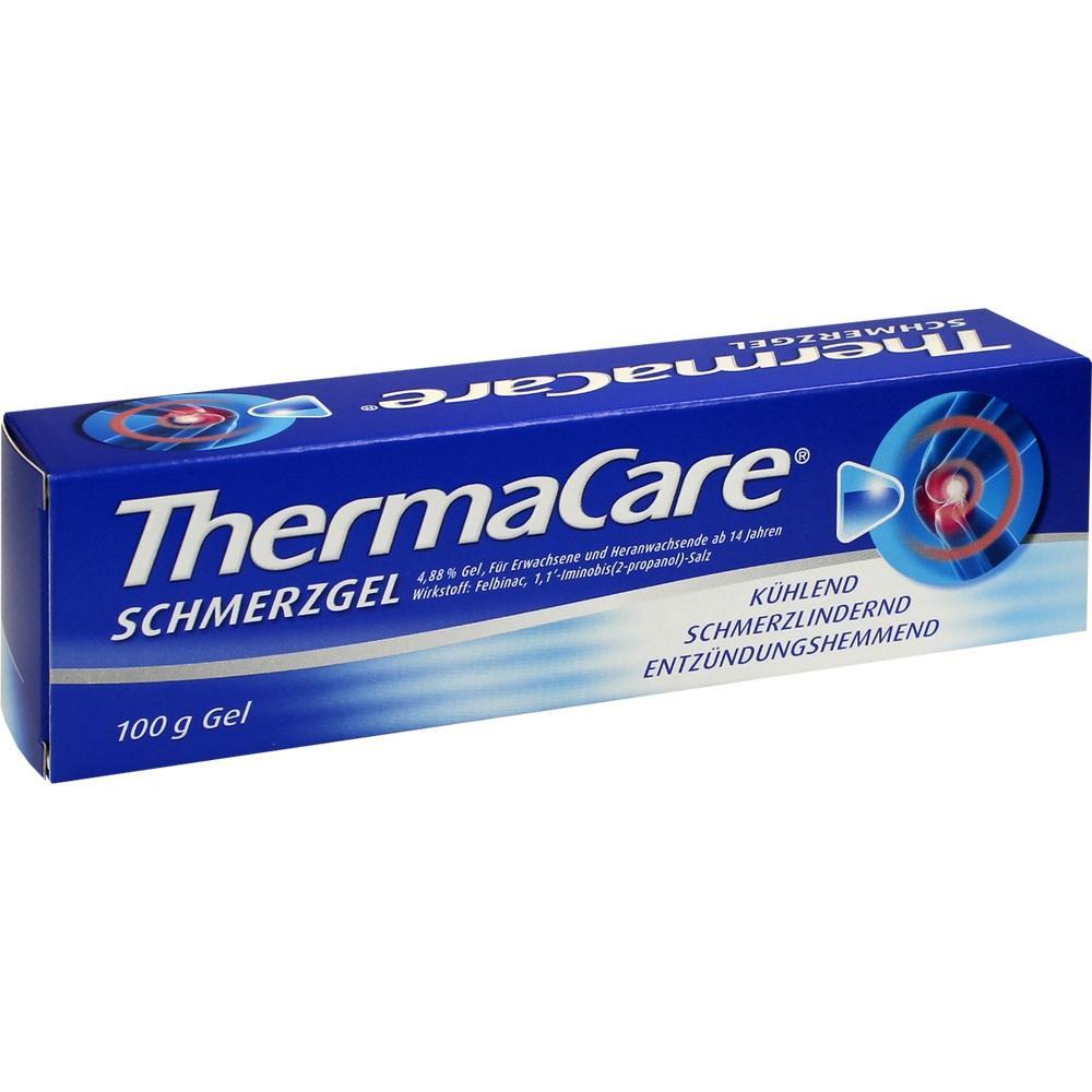 Blaue Schachtel mit ThermaCare Schmerzgel für schmerzlindernde Anwendung.