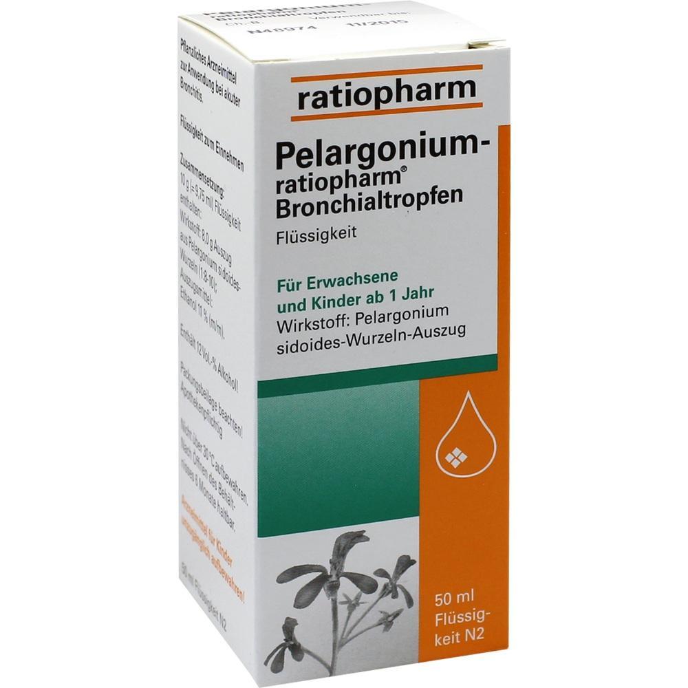 Eine Packung Bronchialtropfen mit Pelargonium für Erwachsene und Kinder ab 1 Jahr.