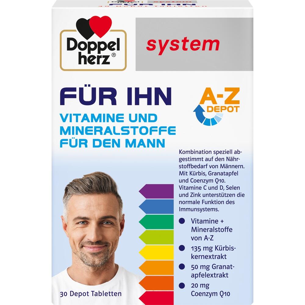 Verpackung von Doppelherz Vitaminen f&uuml;r M&auml;nner mit einem l&auml;chelnden Mann auf der Vorderseite.