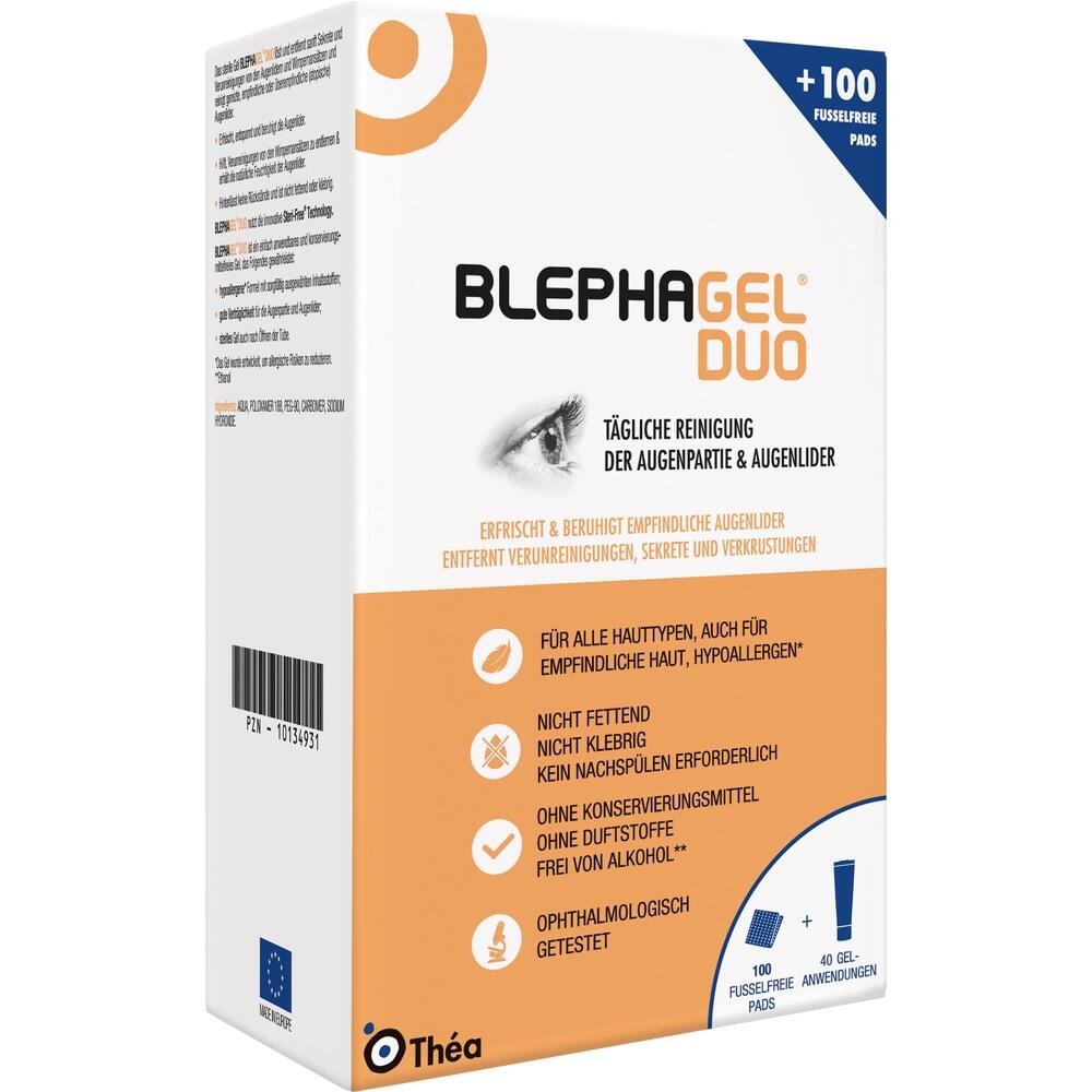 Weiße und orange Verpackung von Blephagel Duo für die Augenreinigung.