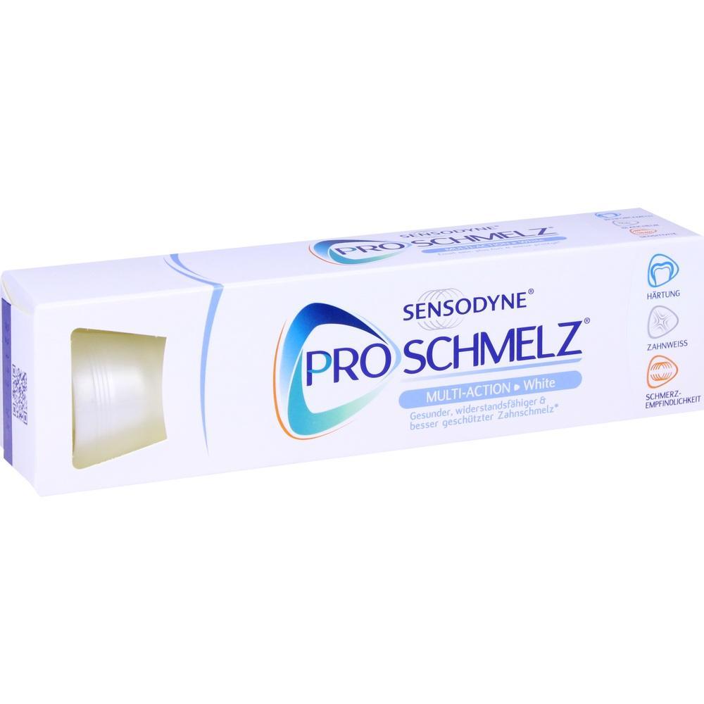 Wei&szlig;e Zahnpasta-Verpackung mit dem Namen "Sensodyne ProSchmelz Multi-Action White".