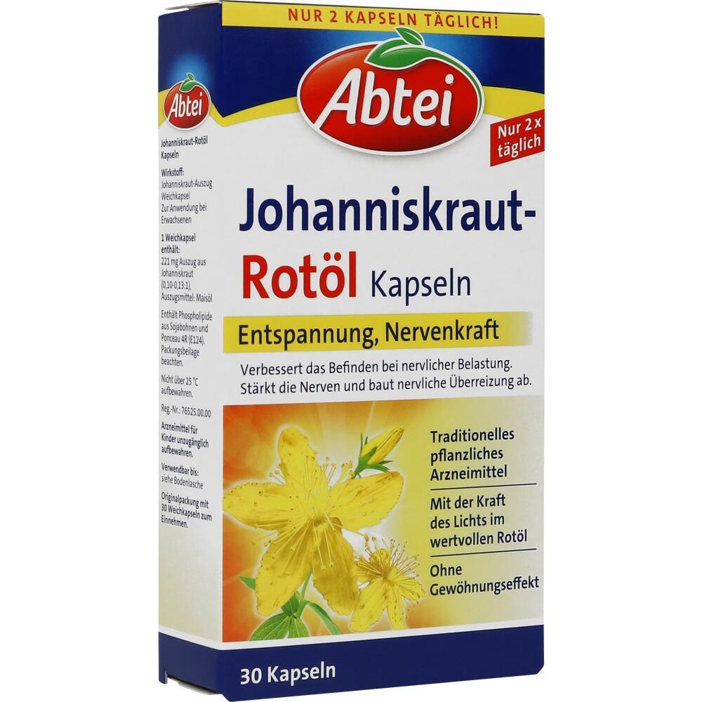Eine Packung mit 30 Kapseln Johanniskraut-Rotöl zur Entspannung und Nervenstärkung.