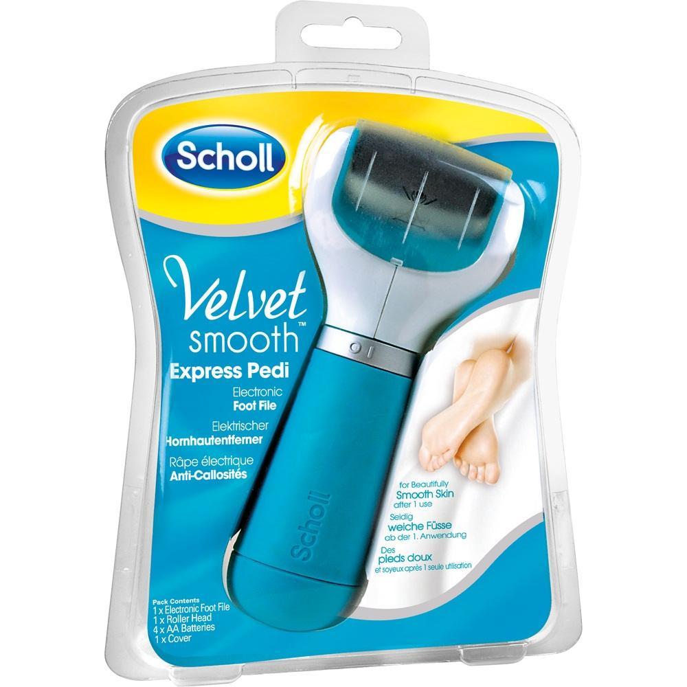 Verpackung eines elektrischen Hornhautentferners der Marke Scholl.