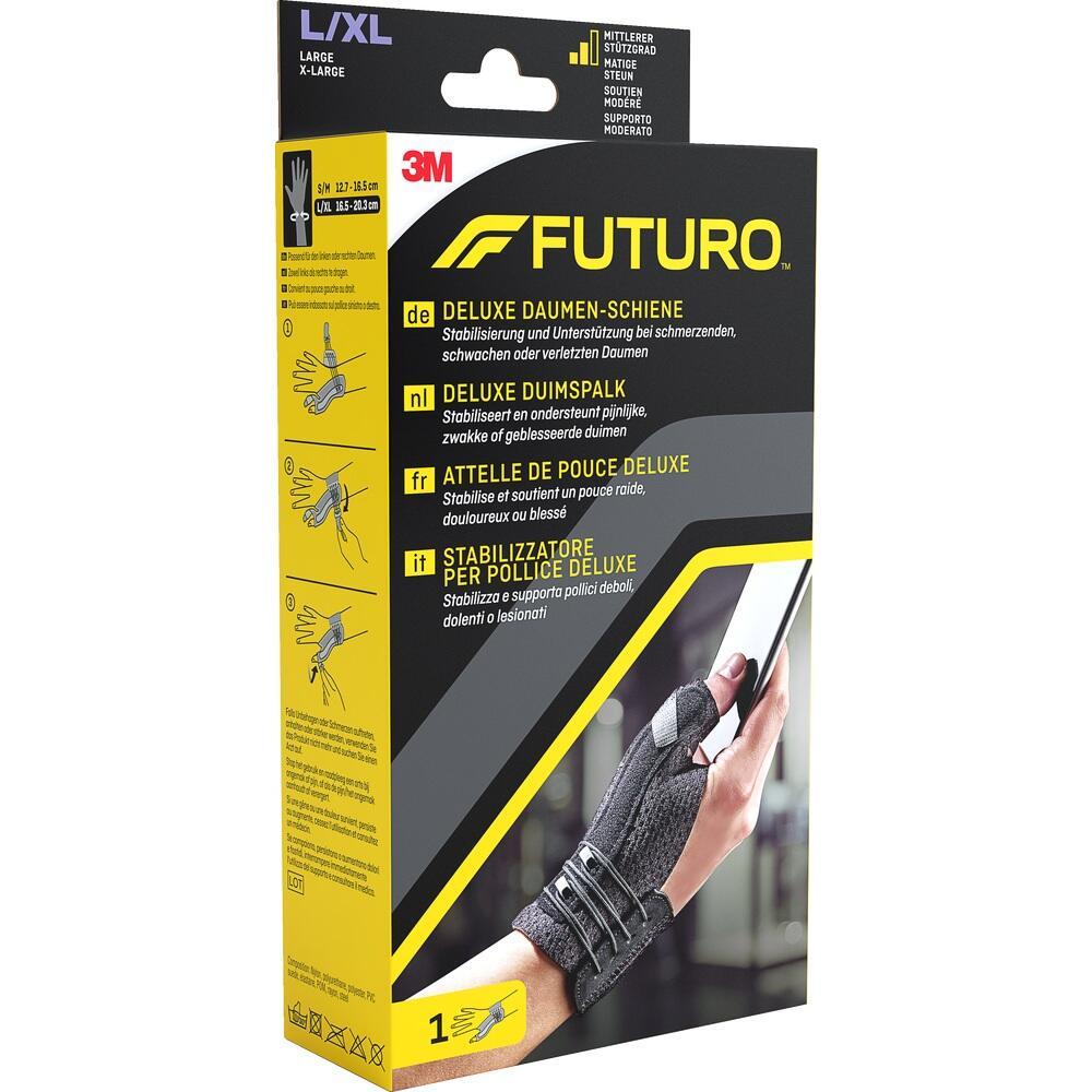 Eine gelbe Verpackung für eine Deluxe-Daumen-Schiene der Marke 3M Futuro in L/XL.
