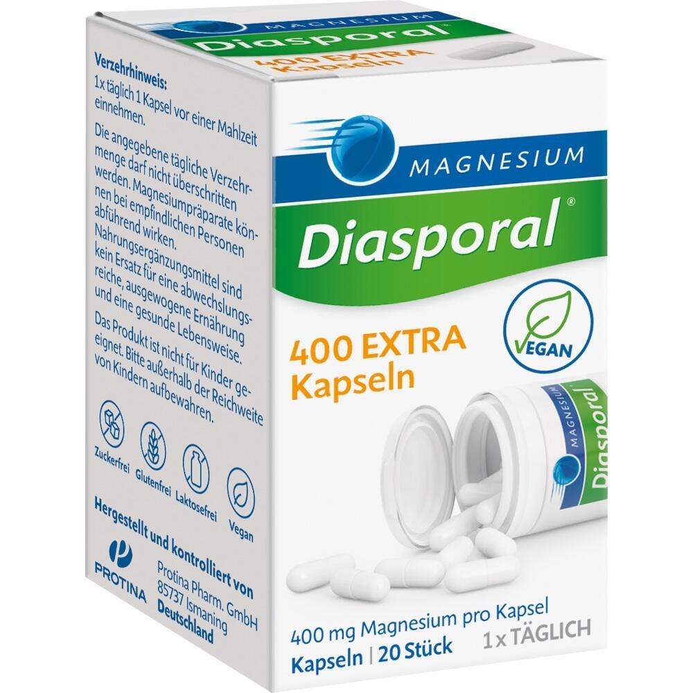 Eine Packung Diasporal-Magnesiumkapseln mit 400 mg pro Kapsel, vegan.