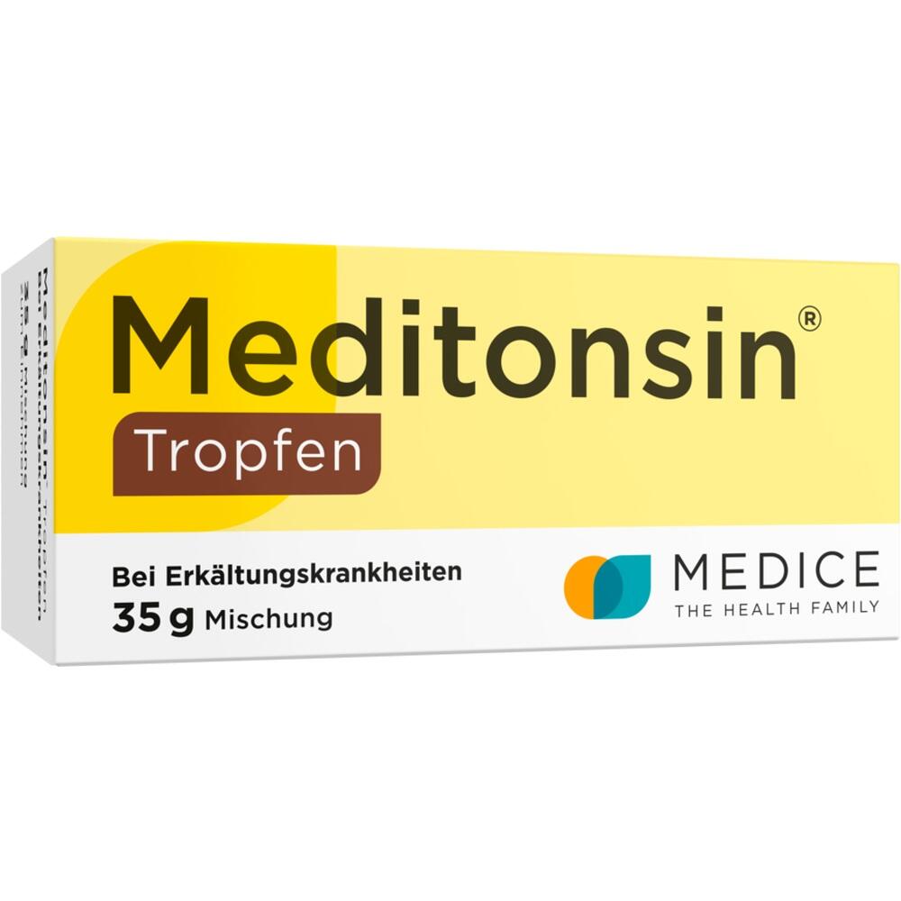 Gelbe Packung Meditonsin Tropfen gegen Erkältung.