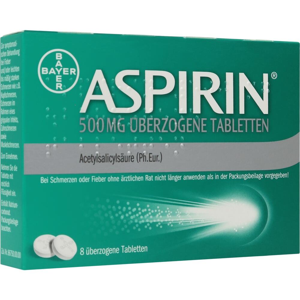 Grüne Aspirin-Packung mit 500 mg überzogene Tabletten von Bayer.
