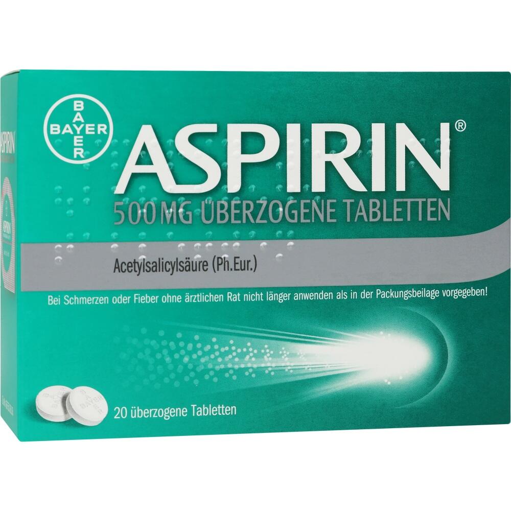 Grüne Aspirin-Verpackung mit 20 überzogenen Tabletten á 500 mg.