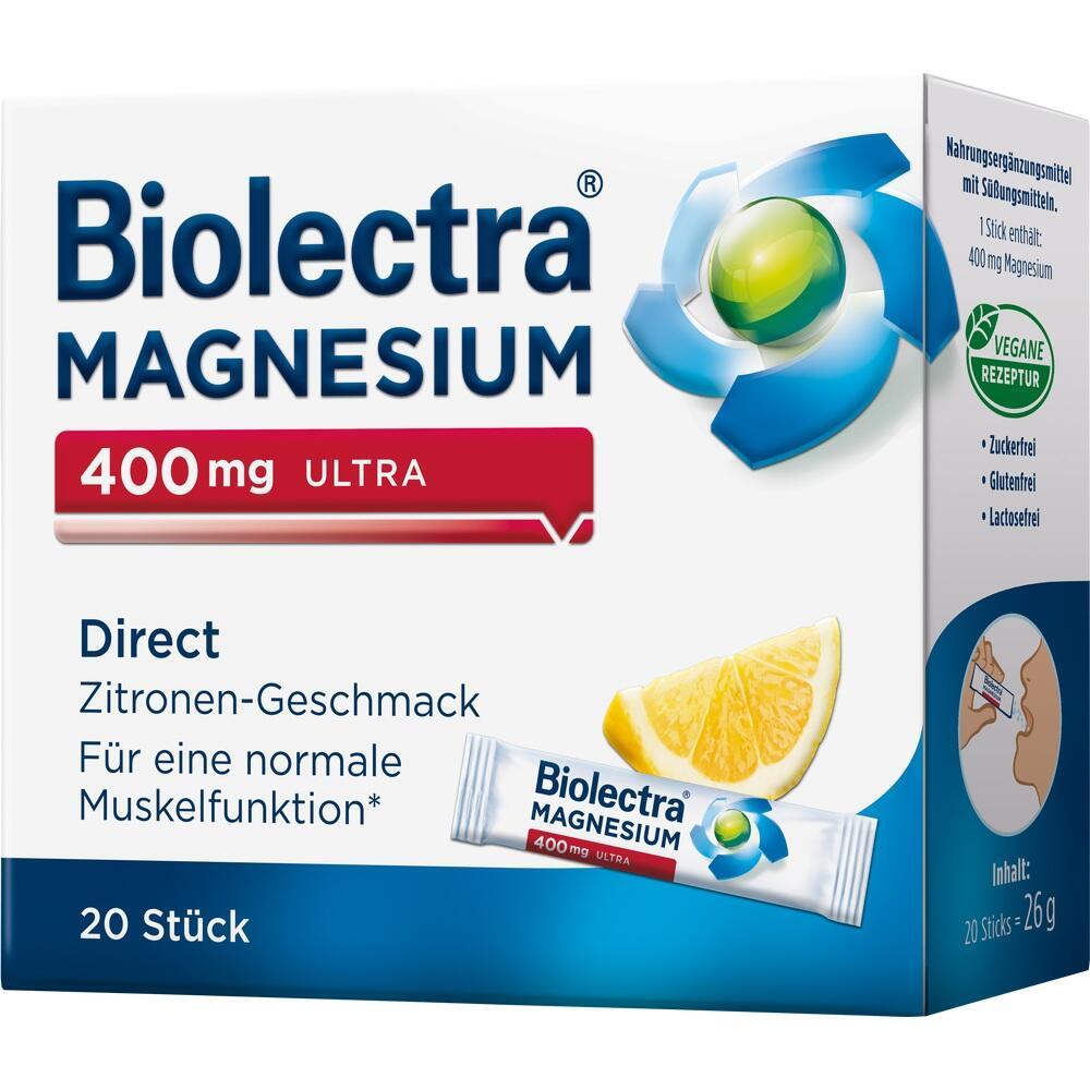 Weiße Verpackung von Biolectra Magnesium mit Zitronengeschmack, 20 Sticks à 400 mg.