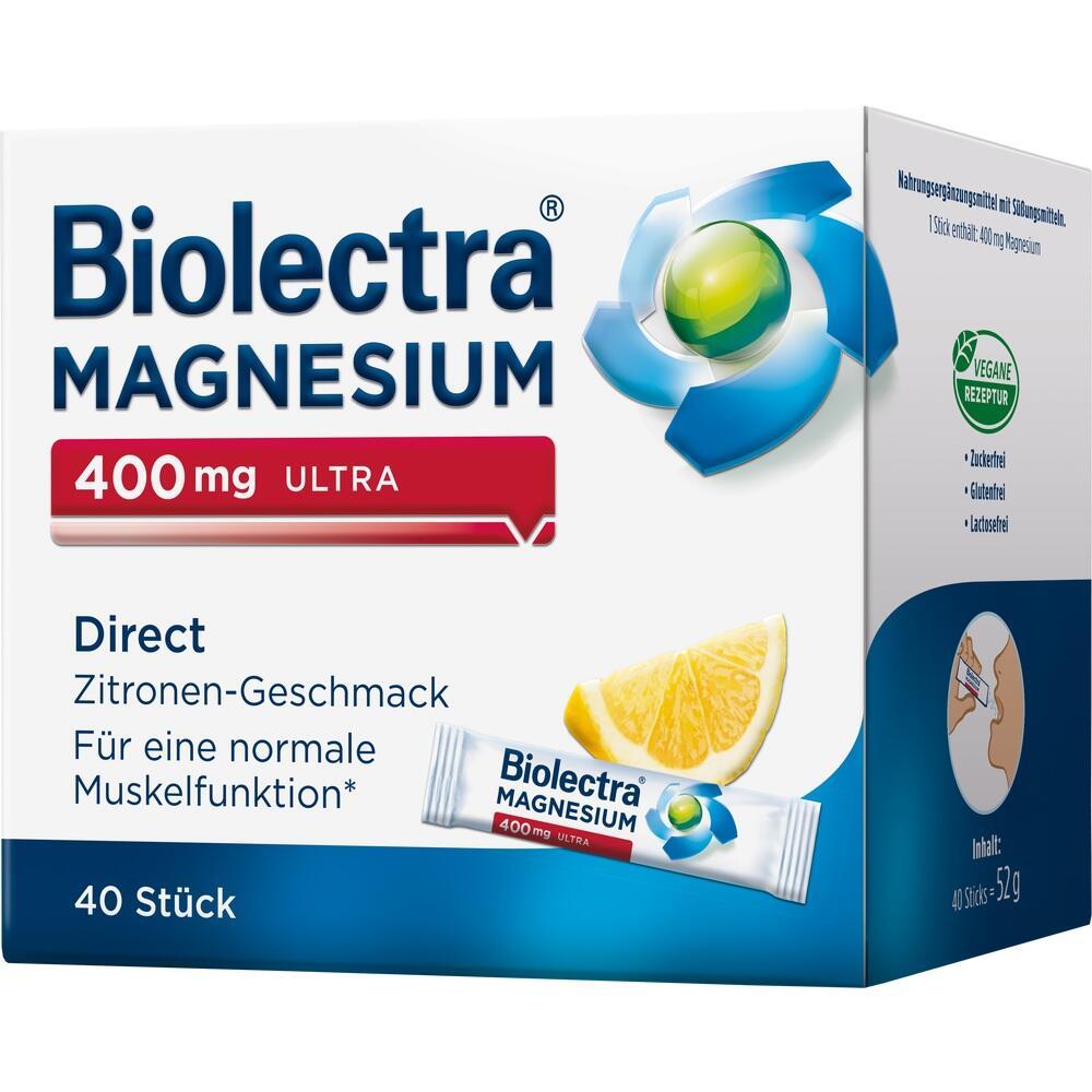 Verpackung von Biolectra Magnesium mit 400 mg in Zitronengeschmack.