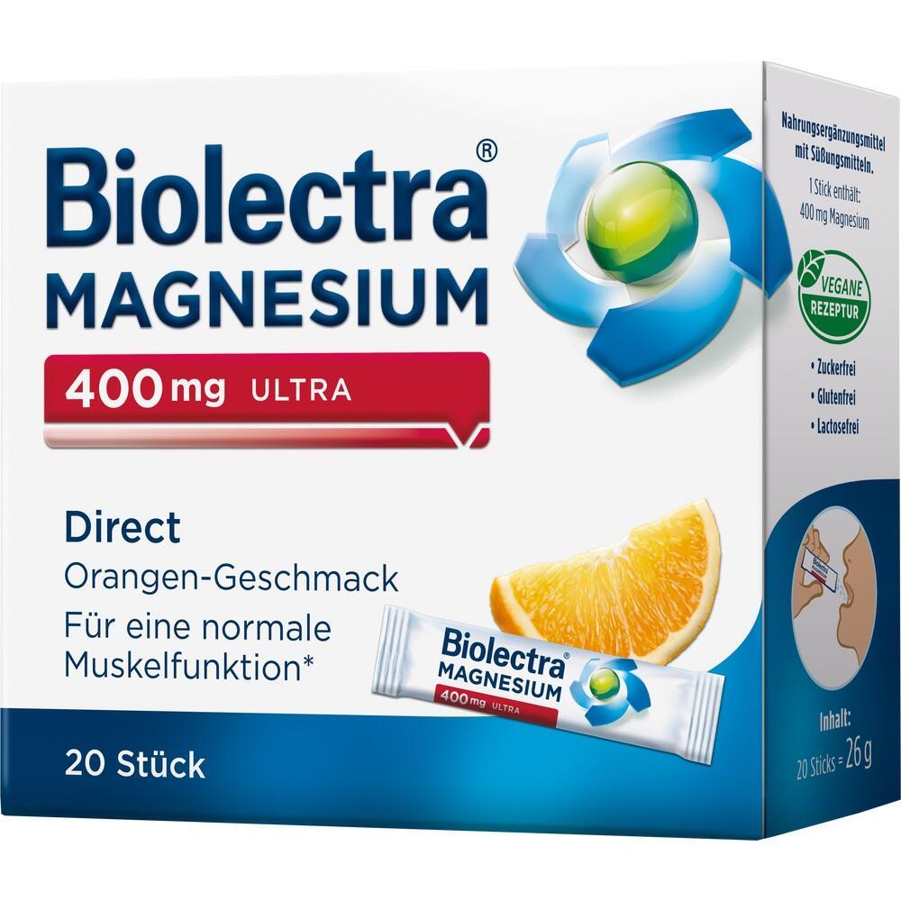 Eine Packung Biolectra Magnesium mit Orangengeschmack, 400 mg, vegane Rezeptur.