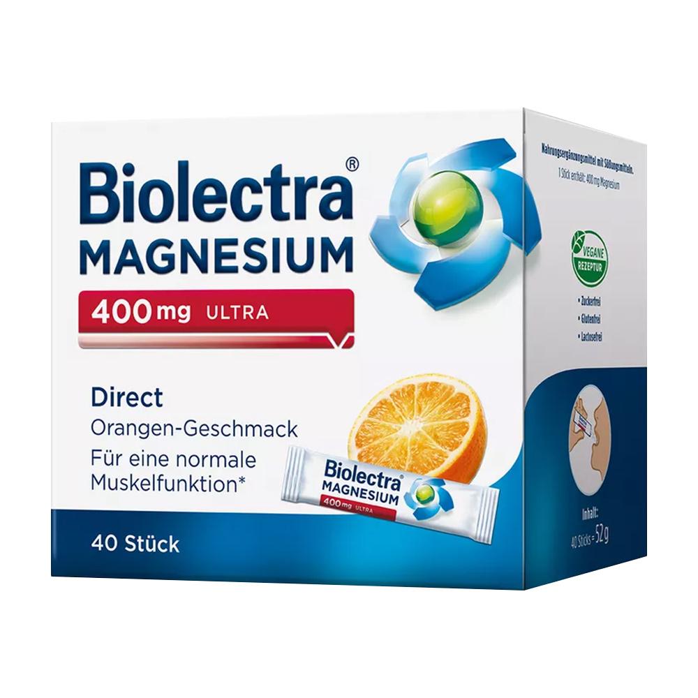 Packung von Biolectra Magnesium 400 mg in Orangen-Geschmack.