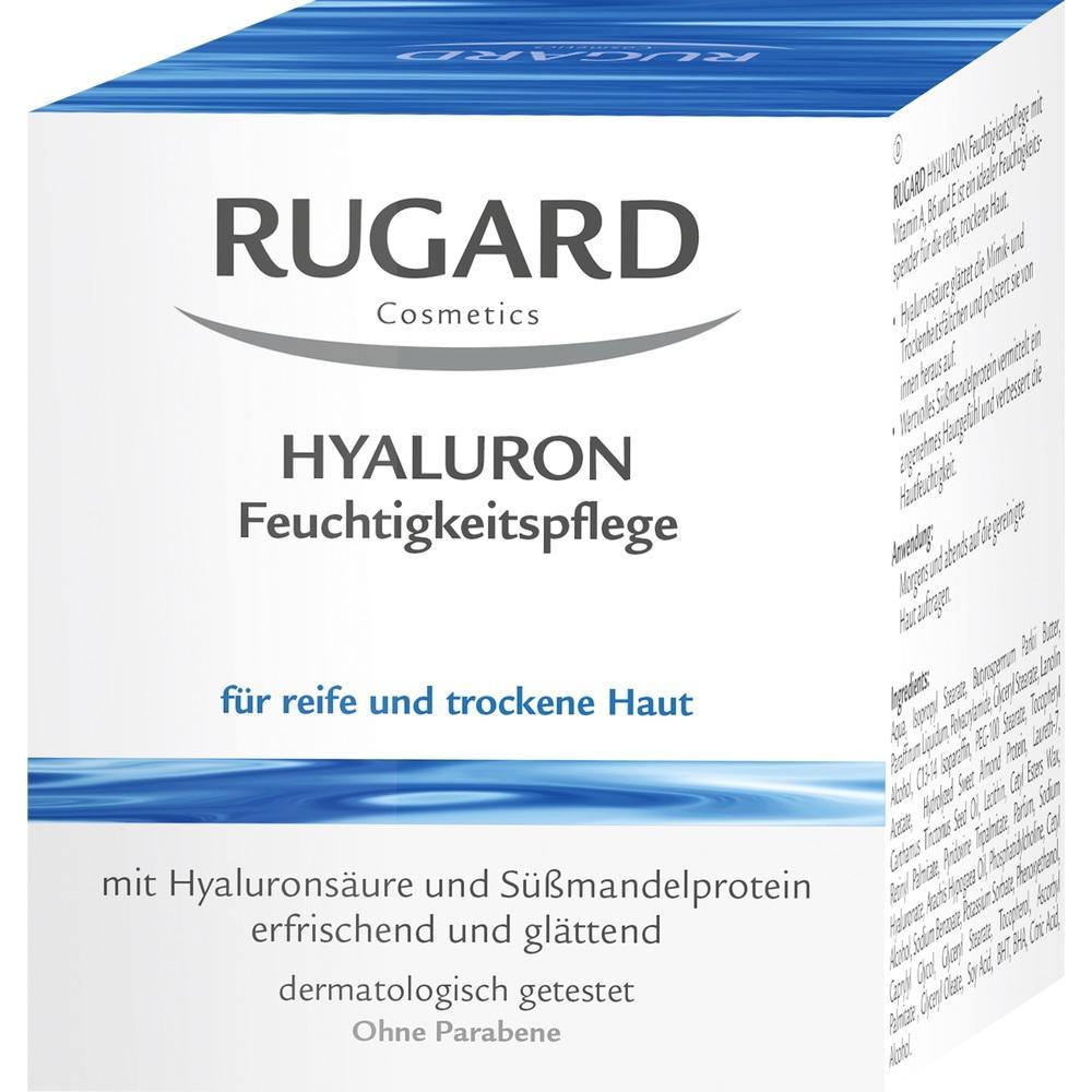 Weiße Verpackung von Rugard Hyaluron Feuchtigkeitspflege für reife, trockene Haut.
