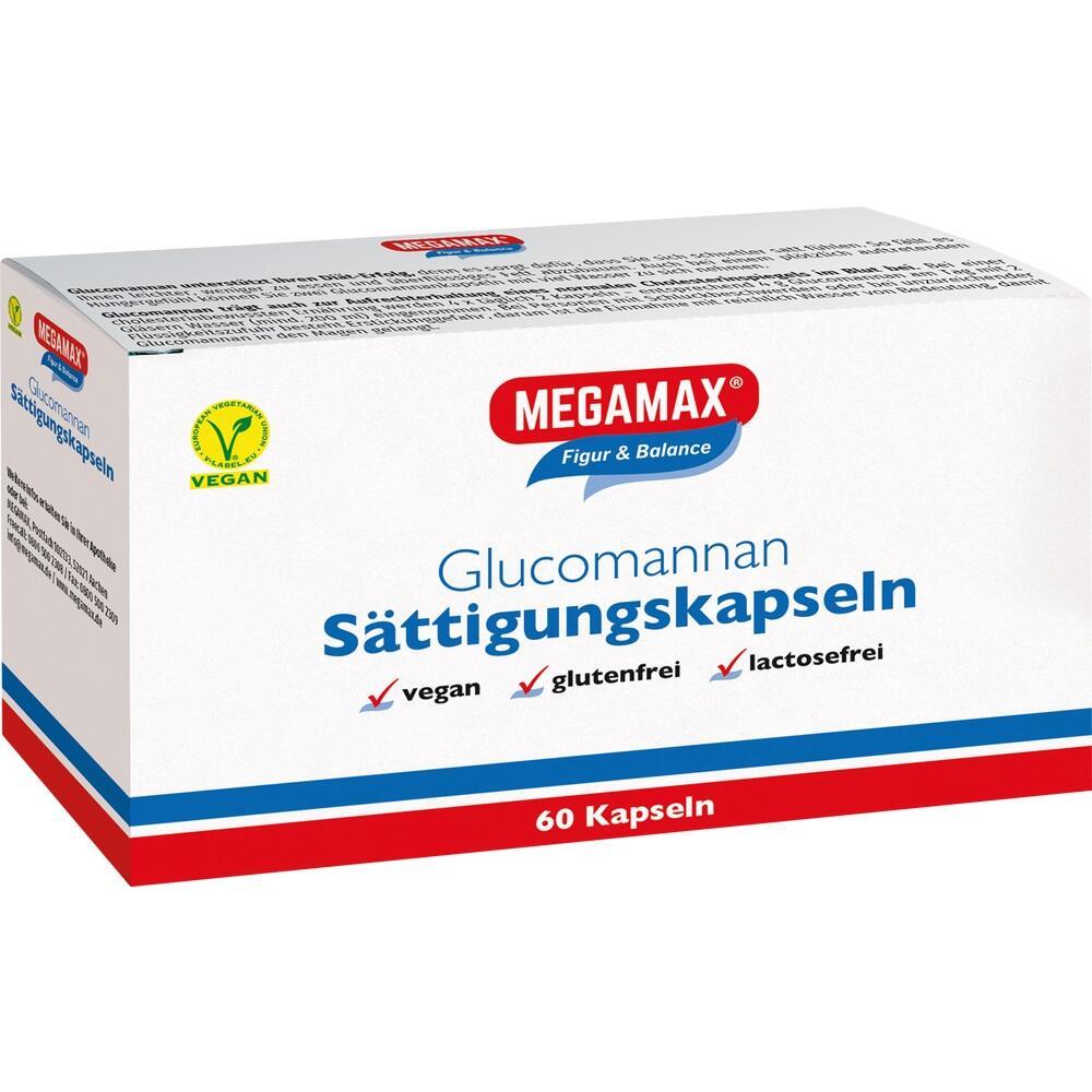 Eine Packung vegane Glucomannan Sättigungskapseln, gluten- und laktosefrei, 60 Stück.