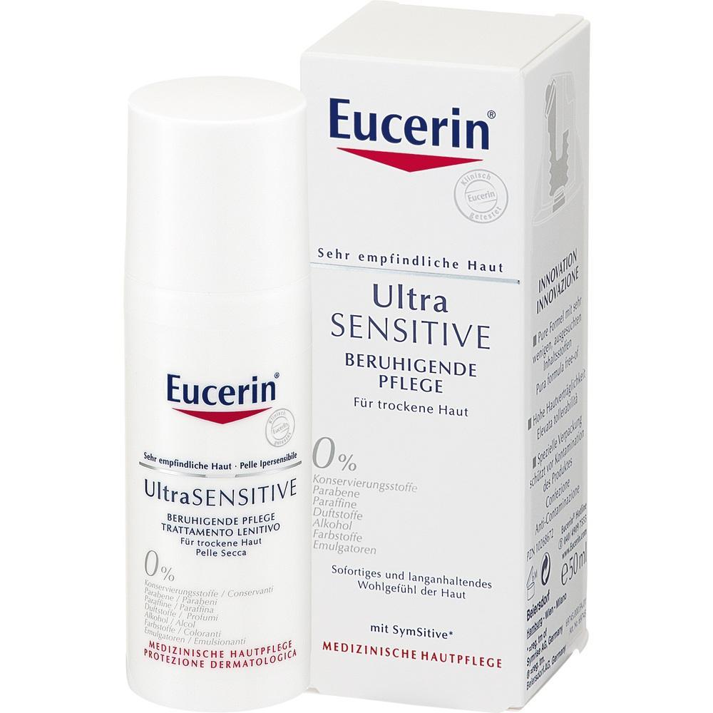 Eine Eucerin-Flasche mit beruhigender Pflege für empfindliche, trockene Haut.