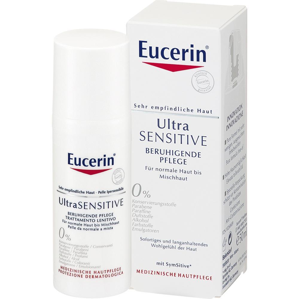 Eine weiße Flasche und Box einer beruhigenden Hautpflege von Eucerin für empfindliche Haut.