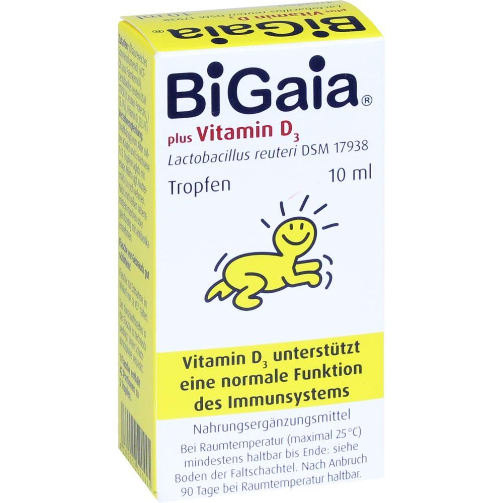 Gelbe Verpackung von Vitamin D3-Tropfen mit fr&ouml;hlicher Baby-Illustration.