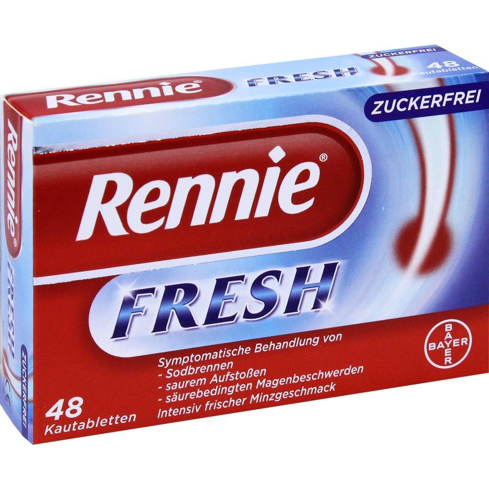 Eine Verpackung von zuckerfreien Rennie Fresh Kautabletten gegen Sodbrennen.