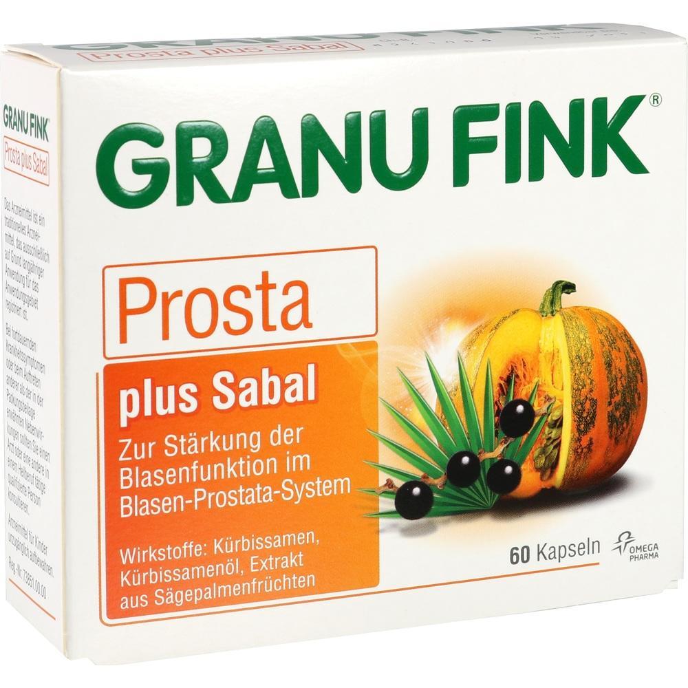 Verpackung von Granu Fink Prosta plus Sabal mit Kürbisbild und Palmenfruchtillustration.