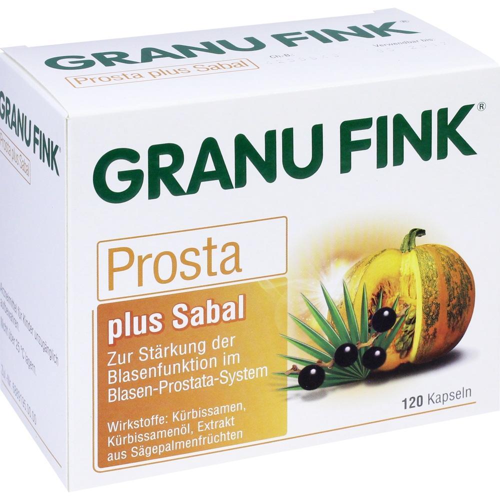 Die Verpackung zeigt ein Produkt namens "Granu Fink Prosta plus Sabal" für die Blasenfunktion.