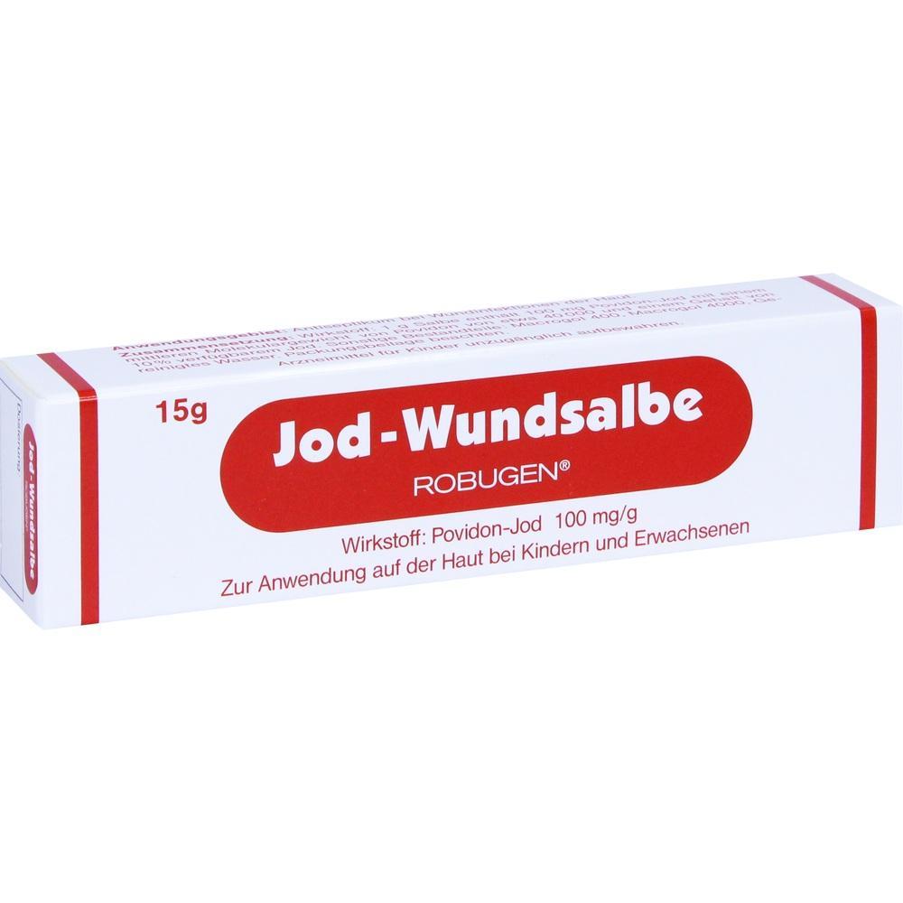 Wei&szlig;e Schachtel mit der Aufschrift "Jod-Wundsalbe" in Rot.