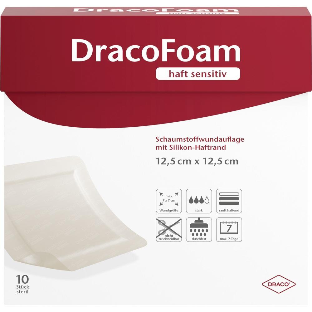 Verpackung einer Wundauflage mit roten und wei&szlig;en Farben und Bild eines Pflasters.