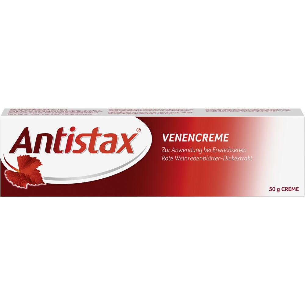 Rote Verpackung einer Venencreme mit der Aufschrift "Antistax".