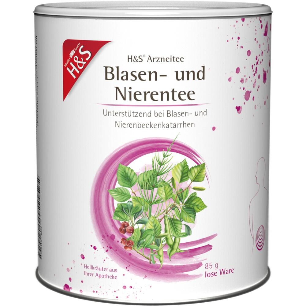 Rosa Dose mit Kr&auml;utertee f&uuml;r Blase und Nieren, zur Unterst&uuml;tzung bei Beschwerden.