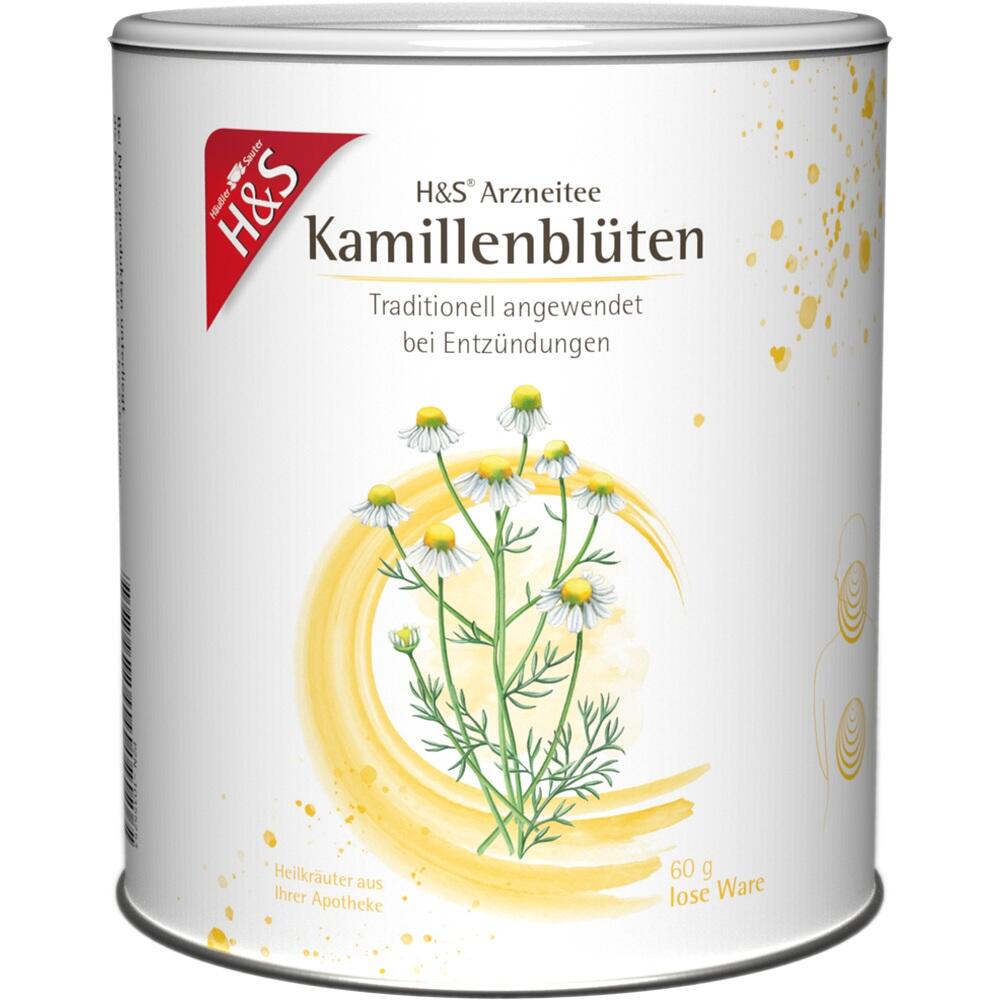 Gelbe Teedose mit Kamillenbl&uuml;ten und der Aufschrift "entz&uuml;ndungshemmend".