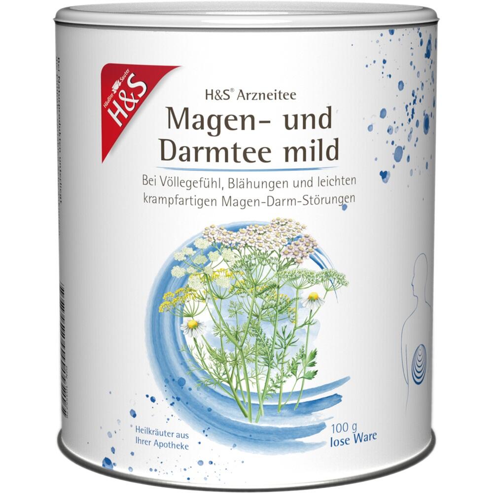 Dose mit H&S Magen- und Darmtee, dekoriert mit Kamillen- und Thymianbl&uuml;ten.